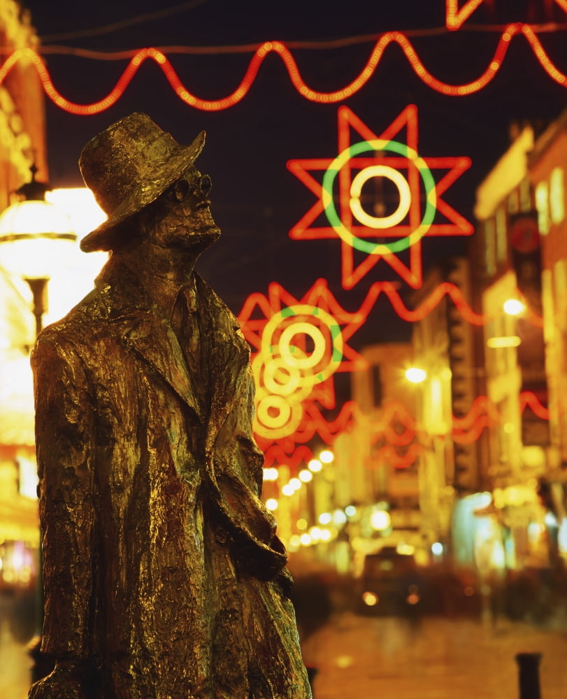 Dublin Co Dublin Ireland Sculpture Of James Joyce With Christmas Decorations In Background Canvas Art - The Irish Image Collection Design Pics (13 x 17)