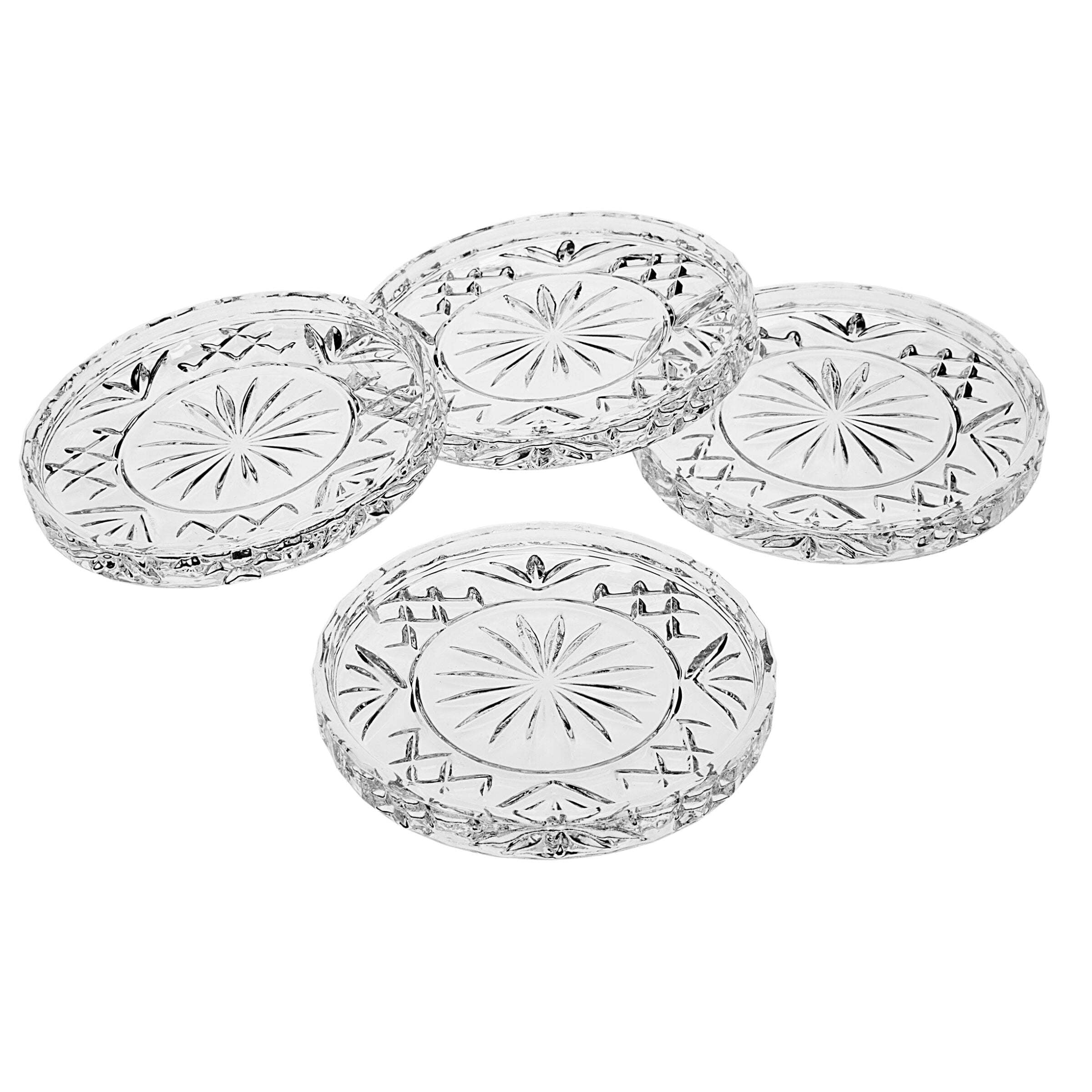 Clear Crystal Cut Glass Circular Beverage Coaster Set of Four