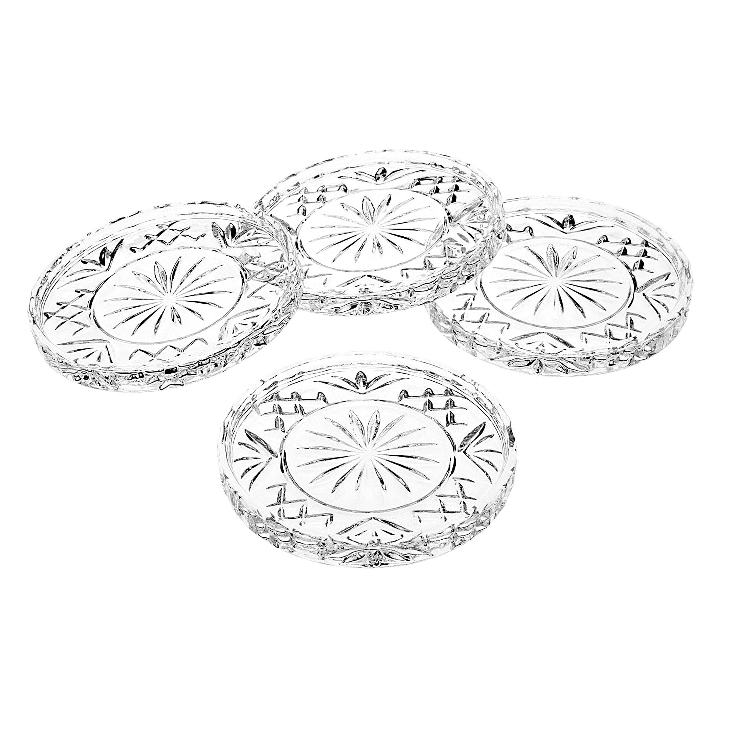 Clear Crystal Cut Glass Circular Beverage Coaster Set of Four