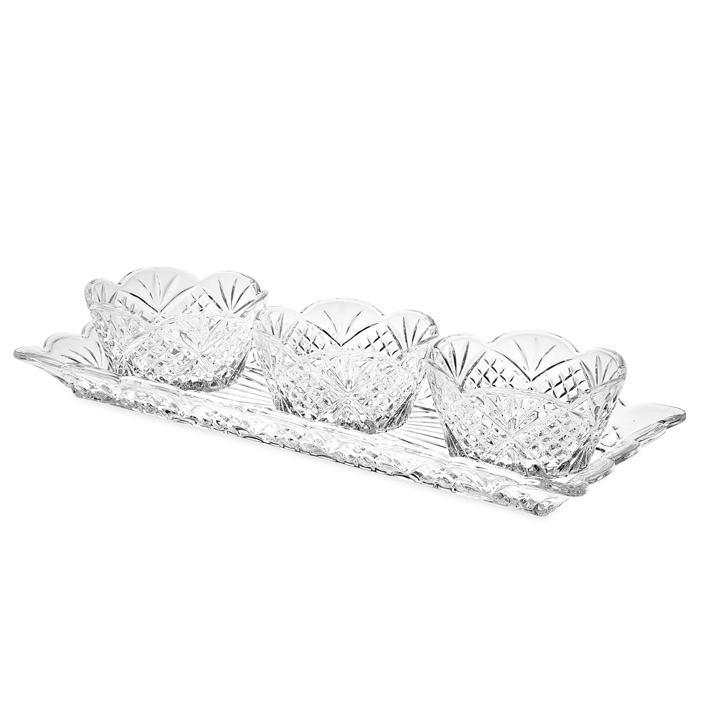Dublin Crystal Scalloped 4 Piece Appetizer Bowls & Tray Set