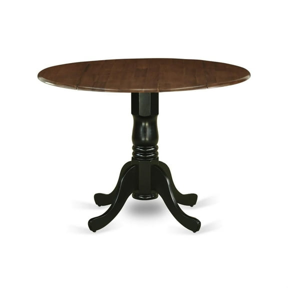 Dublin Dining Table - Walnut Finish, 42" Round, Rubber Wood, 9" Drop Leaves, Wirebrushed Black Pedestal