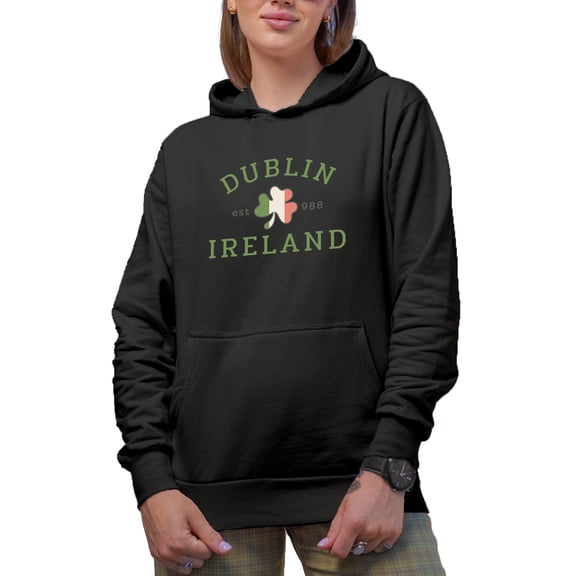 Dublin Ireland Est. 988 & Shamrock Leaf Ireland Flag Art, St. Patrick's Day Gift, Black Hooded Sweatshirt or Hoodie, Small