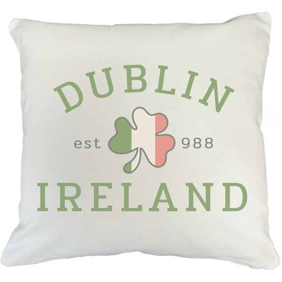 Dublin Ireland Est. 988 with Shamrock Leaf Ireland Flag Art, St. Patrick's Day Merch Gift, White Pillow Case 20X20 IN