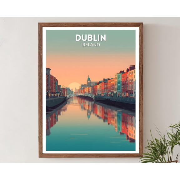 Dublin Ireland Retro Travel Poster, Mid Century Modern Wall Art Print, Vintage River Liffey Landscape Decor, Ireland Poster, Poster Only