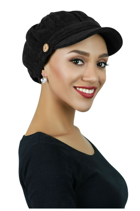 Dublin Newsboy Cap for Women Cancer Headwear Chemo Hat Cabbie Ladies Head Coverings Tweed Chenille (Black)