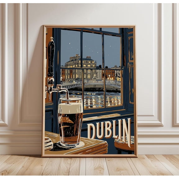 Dublin Pub River View Wall Art City Print, Unframed Paper Print