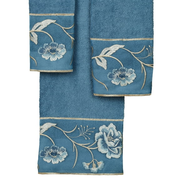 Dublin Rose Embroidered Floral Blue Cotton Bath Towel Set of 3 BHW