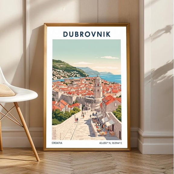 Dubrovnik Cityscape Poster: Mediterranean Gouache Art Print, Stretched Canvas Size 16x24