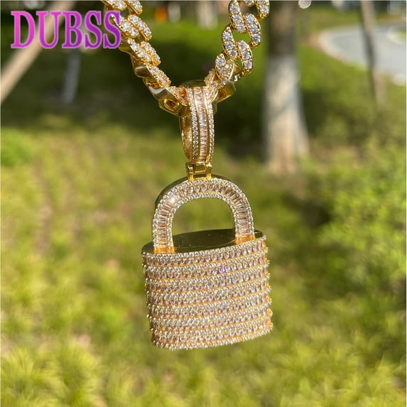 Dubss Iced Out Lock Necklace Pendant for Women Real Gold Plated Prong Setting Copper Cubic Zirconia Hip Hop Jewelry