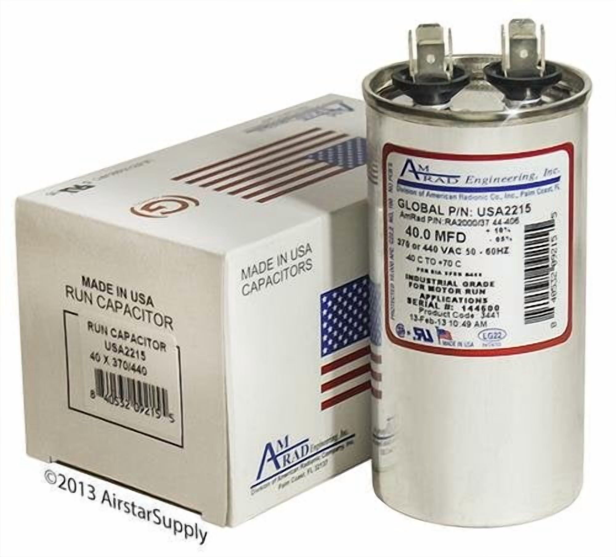 American Standard 45+10 Uf Dual Run Capacitor - 370/440 VAC Round Universal Replacement, Made In USA