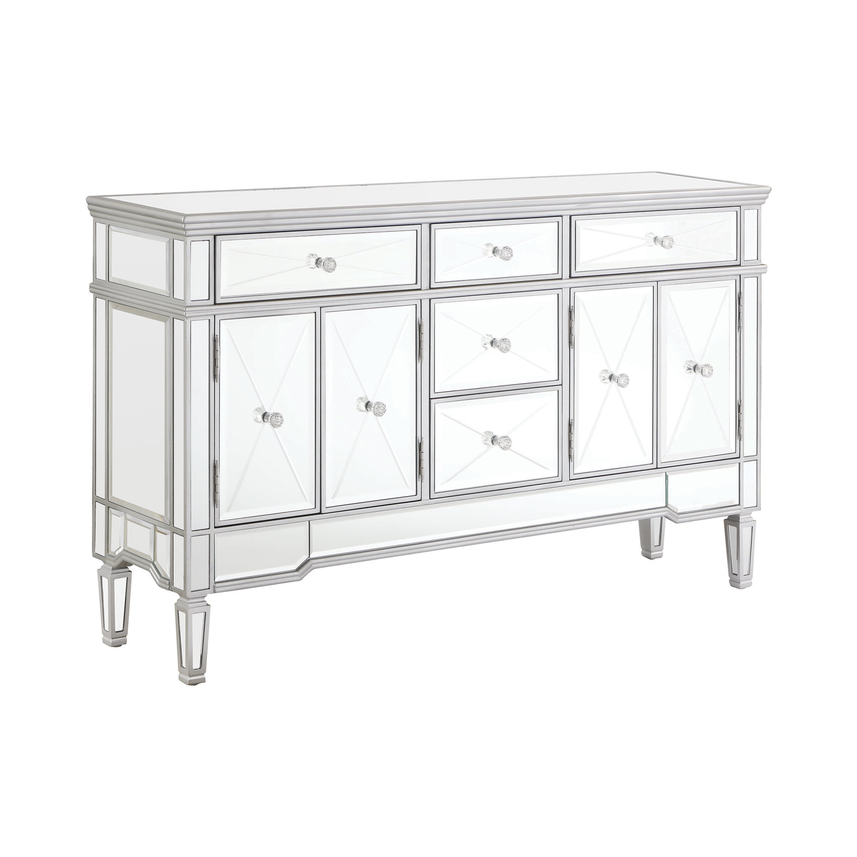 Silver Mirrored 5-Drawer Accent Cabinet with Crystal Knobs