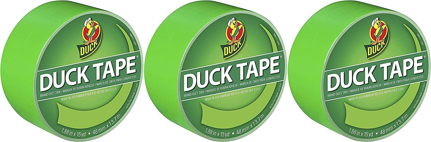 Duck 1265018 Color Duct Tape Neon Lime Green, 1.88 Inches x 15 Yards, Single Ro, 3 Pack