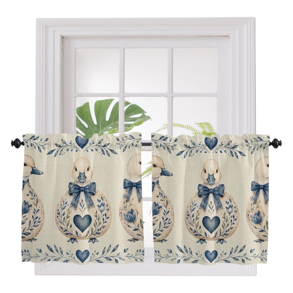 Duck 2 Panel Kitchen Curtains for Small Windows, Farmhouse Blue Bows Love Hearts Floral Leaves Vintage Bathroom Tier Curtain, Short Window Treatment for Bedroom/Living Room 55"x36"