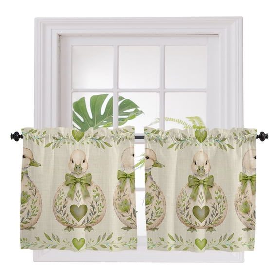 Duck 2 Panel Kitchen Curtains for Small Windows, Farmhouse Green Bows Love Hearts Rustic Floral Leaves Bathroom Tier Curtain, Short Window Treatment for Bedroom/Living Room 55"x36"