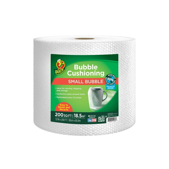 Duck 90% Recycled Content Small Bubble Cushioning Wrap, Clear, 12 in x 200 ft (1 Roll) (287368)