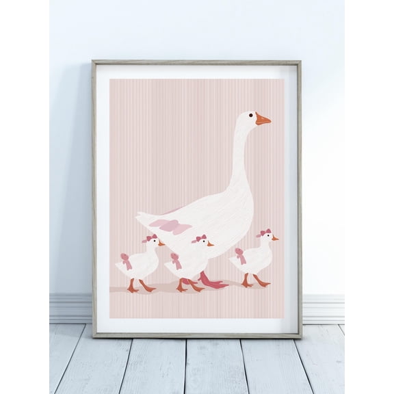 Duck Art Poster–Pastel Farm Animal Poster, Pink Nursery Poster, Girl'S Room Decor, Goose Poster, Pink Background, Playroom Poster, Cottagecore, Unframed Poster Size 8x12