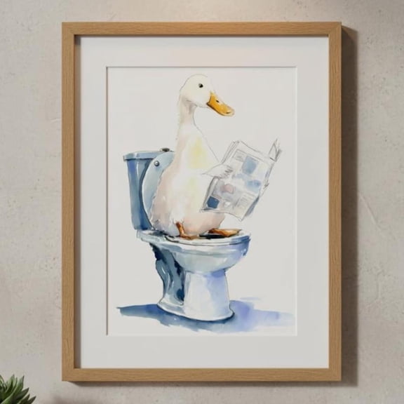 Duck Bathroom Wall Art Print | Quirky Duck On Tet Reading Newspaper | Bathroom Decor Poster, Unframed Canvas Size 24x36