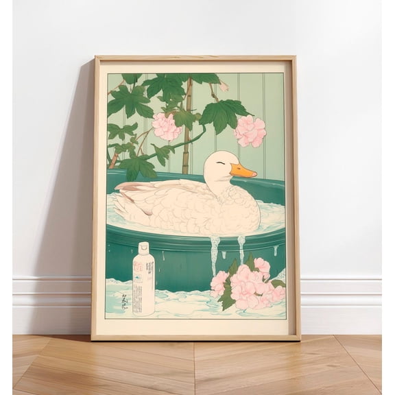 Duck In A Bathtub, Aesthetic Artwork For Bathroom, Japanese Style Bath Wall Art, Farm Bird Art Print, Ukiyo-E Art, Neutral Wall Art Wall Art, Modern Wall Decor, 12x18 UNFRAMED