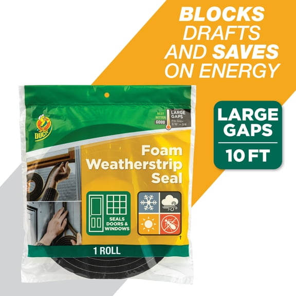 Duck Brand, 0.75 Inch X 0.375 Inch X 10 Feet Black Foam Large Gap Weatherstrip Seal, Self-Adhesive
