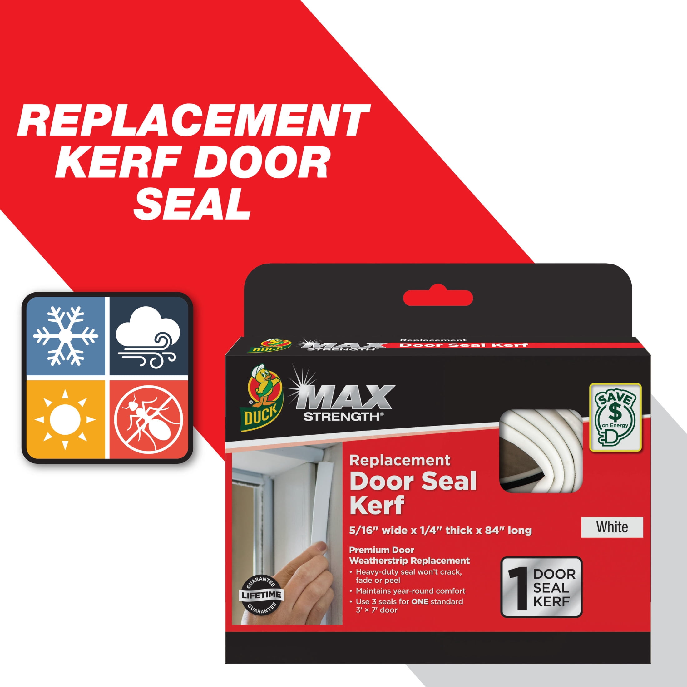 Duck Brand, 0.25 Inch X 0.31 Inch, 84 Inch White Max Strength Door Seal Weather Stripping, Seals 1 Door Side