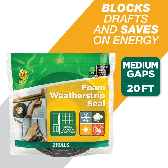 Duck Brand Black Foam Medium Gap Weatherstrip Seal, 0.375 in. x 0.31 in. x 10 ft., 2 pack