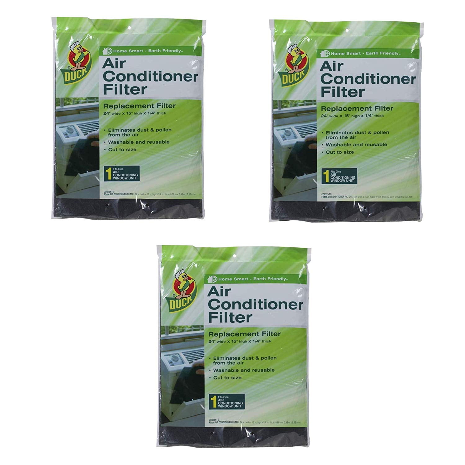 DUCK HOME SMART Duck Brand Air Conditioner Foam Filter, 24" x 15" x 1/4", 3 Pack