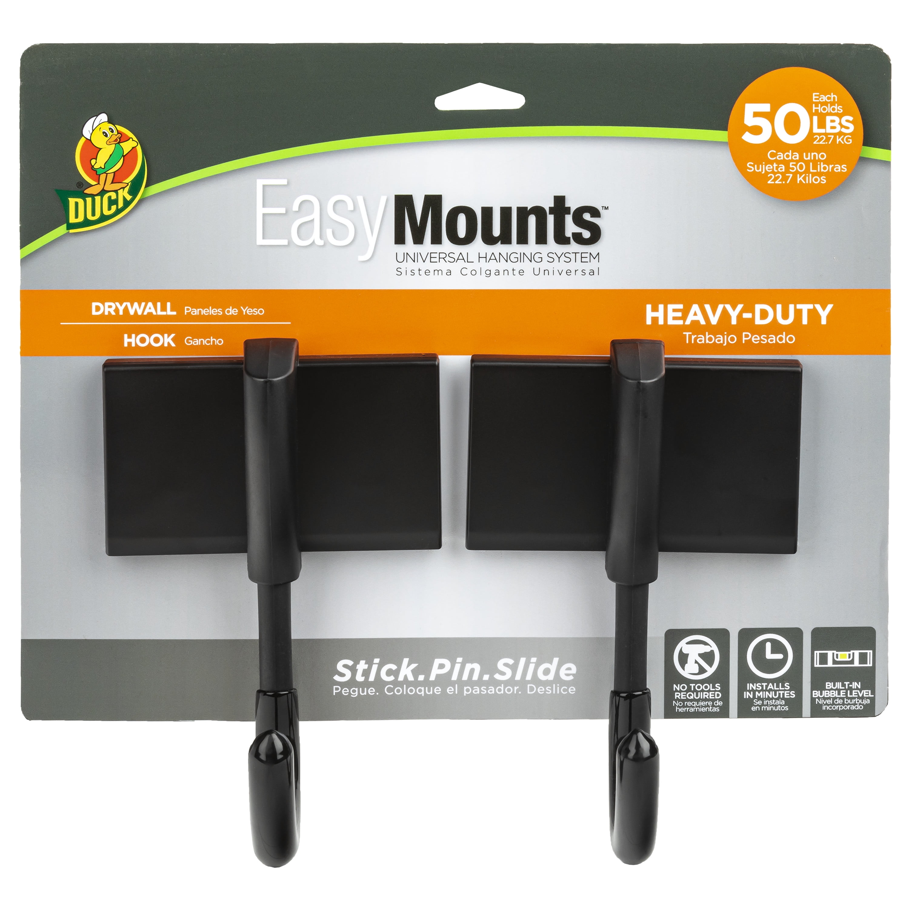 Duck Brand EasyMounts Wall Hook- No Tools Required for Hanging, Heavy-Duty  J-Hooks hold up to 50 lbs, Black, 2-Pack of Drywall Hooks 