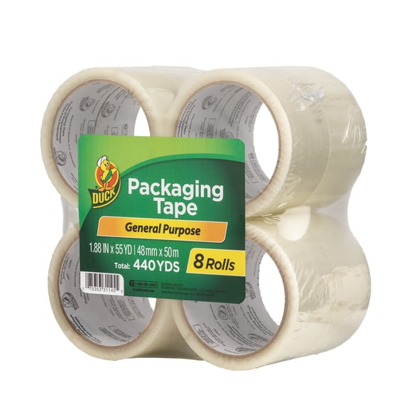 Duck Brand General Purpose Acrylic Packing Tape, 1.88 in x 55 yd, Clear, 8 Rolls