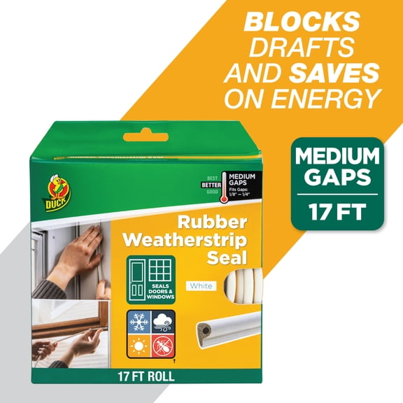 Duck Brand Heavy-Duty Rubber .38" x .25" x 17' Medium Gap Weatherstrip Seal White