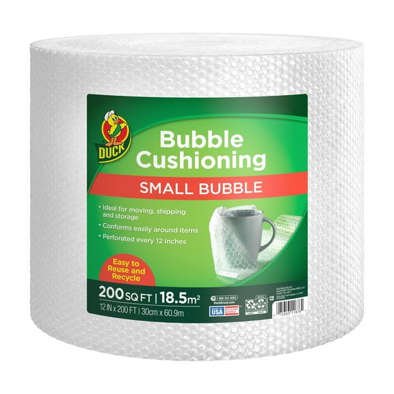 Duck Brand Small Bubble Cushioning Wrap, 12 in x 200 ft, Clear, 288287