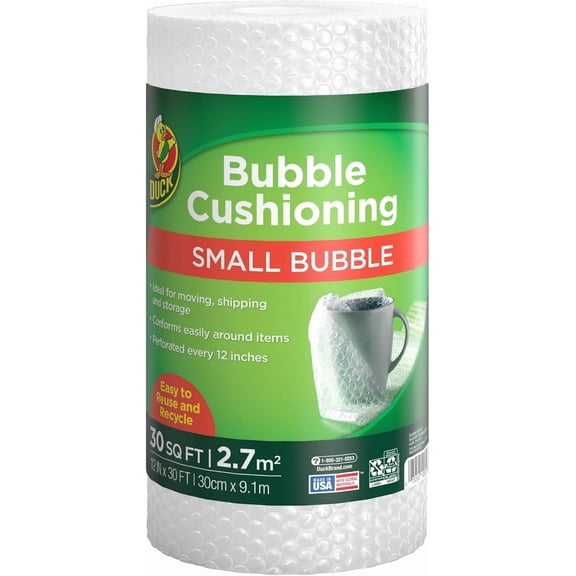 Duck Brand Small Bubble Cushioning Wrap for Moving & Shipping - 30 FT Packing Extra Protection Packaging Boxes Mailers Clear Roll Supplies, Perforated Every 12 IN