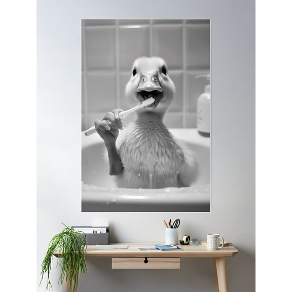 Duck Brushing Teeth In The Bathroom Poster Wall Art, Modern Wall Decor For Living Room Bedroom, 8x12 UNFRAMED