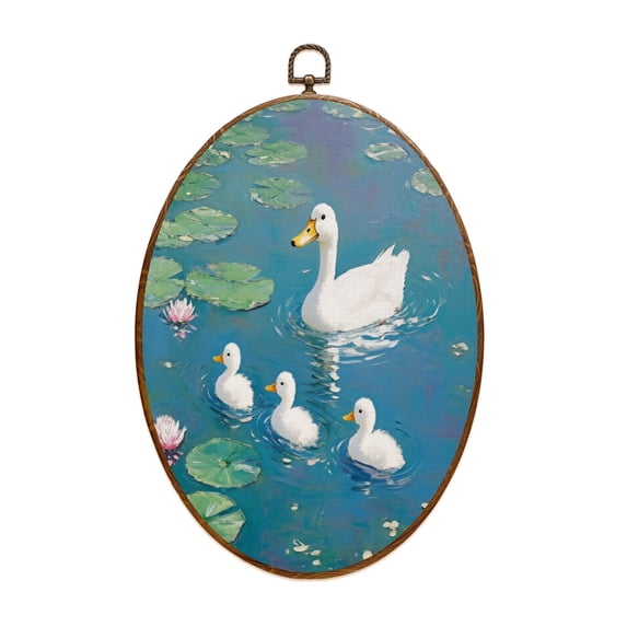 Duck Canvas Wall Art Ducks Water Lilies Vintage Duck Countryside Pond Nursery Bedroom Bathroom Oval Framed Canvas Prints Vintage Wall Hanging Decor for Home Decorations 8.6"x11.4"