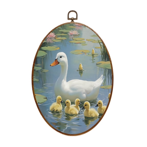 Duck Canvas Wall Art Ducks Water Lilies Vintage Duck Pond Countryside Nursery Bedroom Bathroom Oval Framed Canvas Prints Vintage Wall Hanging Decor for Home Decorations 8.6"x11.4"