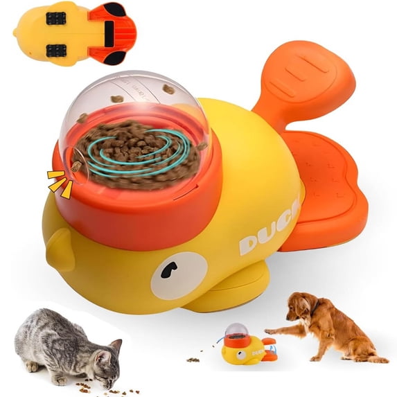 Duck Cat Treat Dispenser, Anti-Slip Interactive Slow Feeder Puzzle Toy for Dogs & Cats with 3 Challenge Lids to Train Problem-Solving Skills and IQ Training