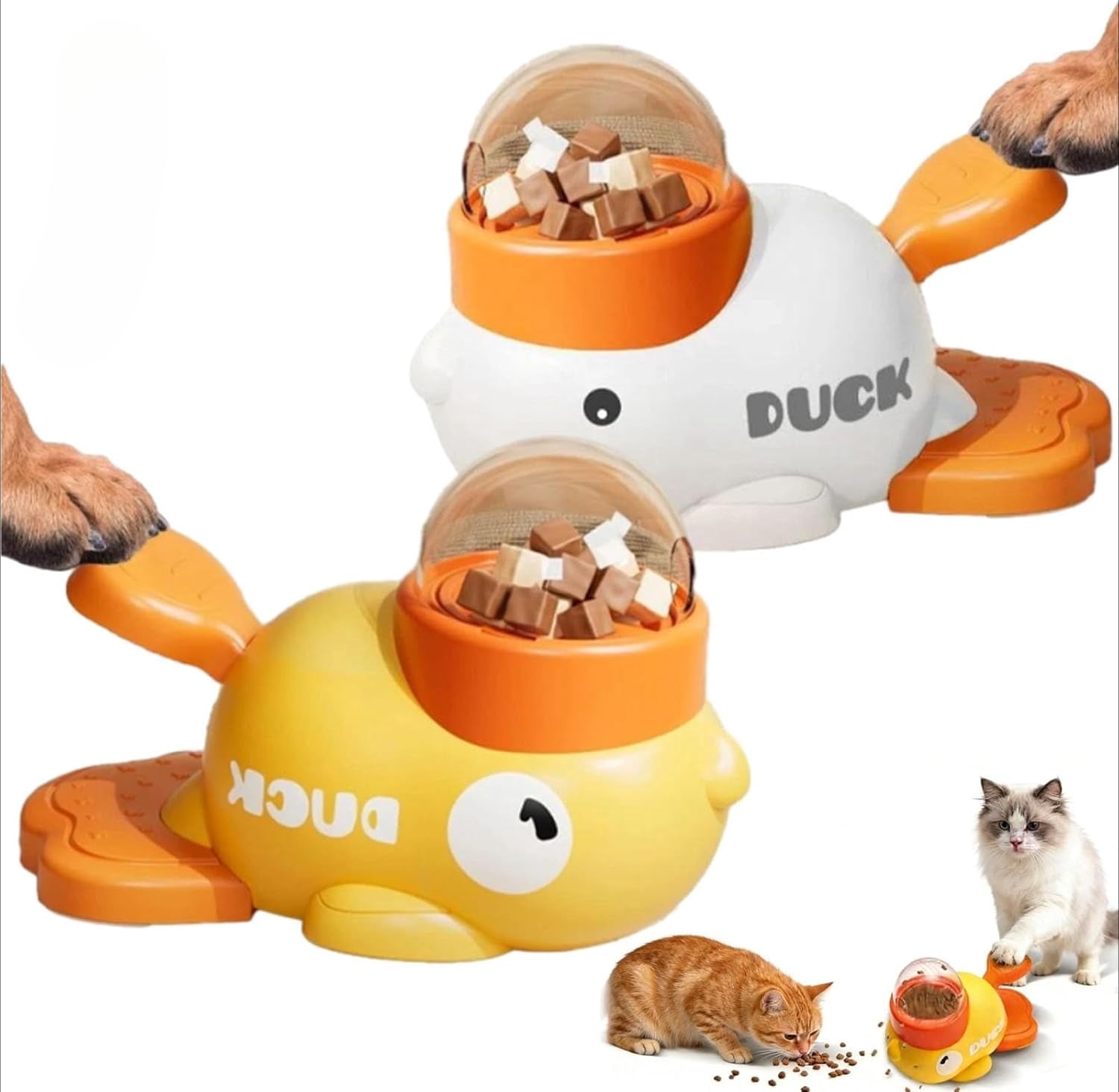 Duck Cat Treat Dispenser,Anti-Slip Interactive Slow Puzzle Feeder, 3 Challenge Lids for IQ Training, Mental Enrichment for Small Cats,Dogs,Other Pets