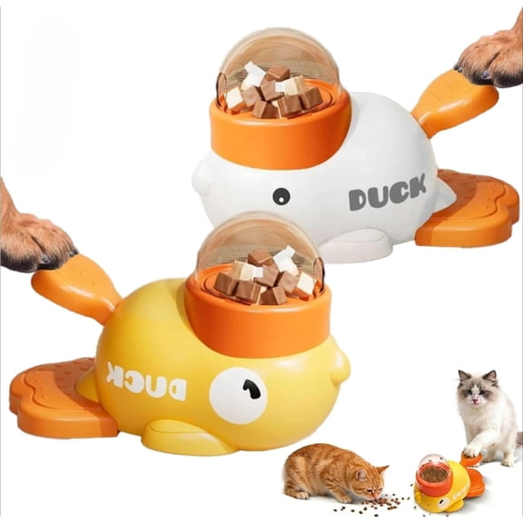Duck Cat Treat Dispenser,Anti-Slip Interactive Slow Puzzle Feeder, 3 Challenge Lids for IQ Training, Mental Enrichment for Small Cats,Dogs,Other Pets