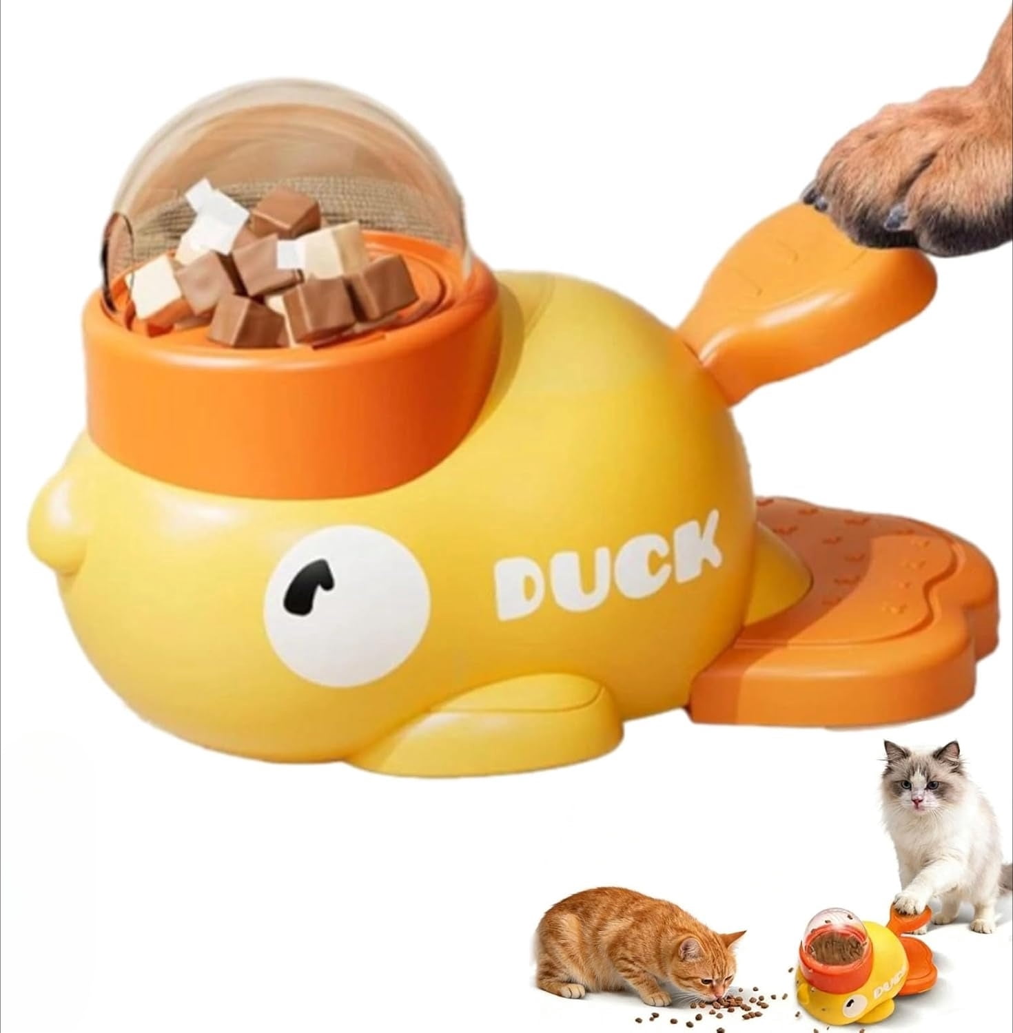 Duck Cat Treat Dispenser,Anti-Slip Interactive Slow Puzzle Feeder, 3 Challenge Lids for IQ Training, Mental Enrichment for Small Cats,Dogs,Other Pets