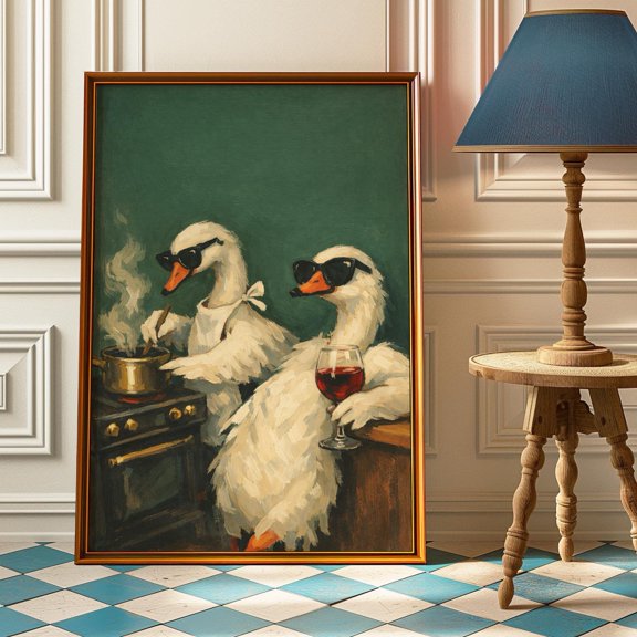 Duck Chef Kitchen Art Print, Funny Cooking Goose Poster, Quirky Animal Wall Art, Wine Lover Kitchen Decor, Retro Cook Gift Print , Poster Print Only