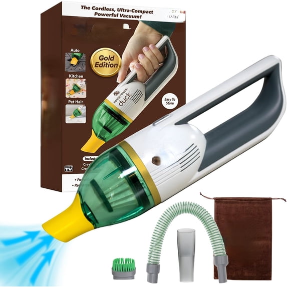 Duck Compact Cordless Vacuum by , Gold Edition, Ultra-Powerful Upgraded Battery for Extra-Long Run Time, AS-SEEN-ON-TV, Strong Suction, Easy to Store, Portable & Rechargeable. Home & Auto