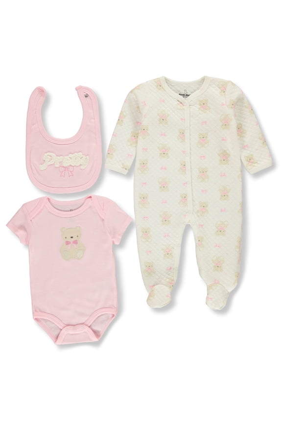 Baby Girls' 3-Piece Quilted Coveralls Bib Set Outfit Color: pink/multi Size: 6 - 9 months