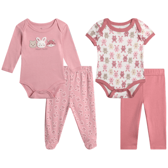 Duck Duck Goose Newborn Baby Girl's Layette Outfit Set - 4 Piece Baby Girls Cotton Clothing Set (0-9M)