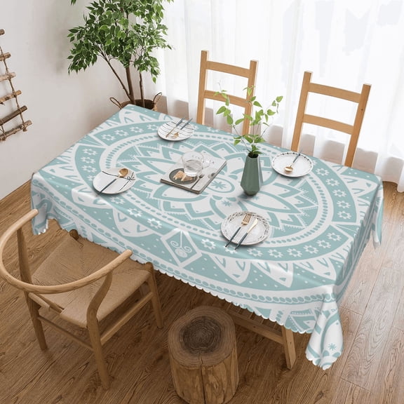 Duck Egg Blue Flower Mandala Bohemian silver and white Tablecloth 60x120 Inch, Washable Waterproof Rectangular Table Cover for Party Picnic Dinner Decor