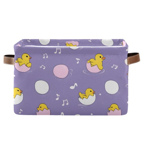 Duck Eggshell Pattern Storage Basket Canvas Waterproof PE Lining PU Leather Handles Collapsible 14.2x10.2x8.3in