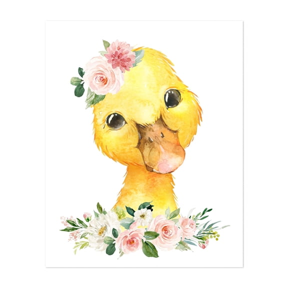 Duck, Farm Animals, Barn Animals, Barnyard, Pink Flowers, Girl Nursery - Illustration Watercolor Animal Floral Whimsical Unframed Wall Art Print 18 x 24 inches