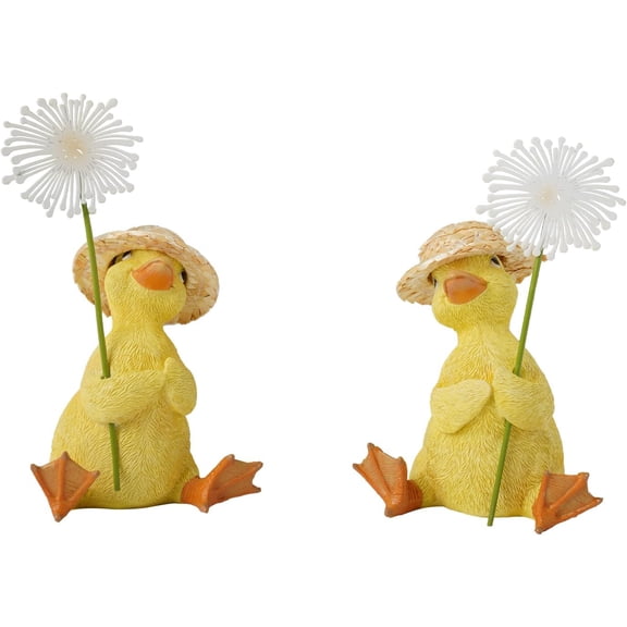 Duck Figurines Desk Decor Set - Twin Duckling Statue with DIY Hat & Holding White Flowers Whimsical Resin Home Decor for Coffee Table Easter Decoration Gift