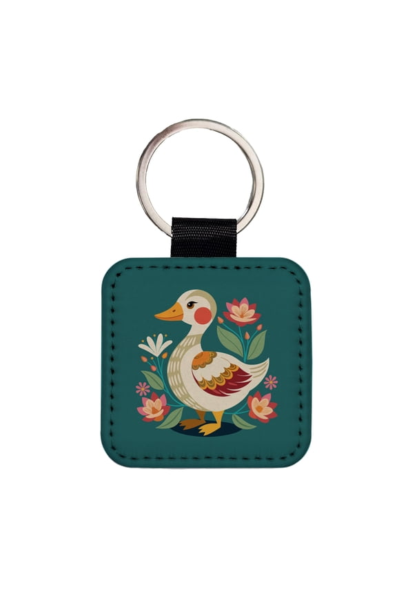 Duck Floral Flowers Faux Leather Square Keychain