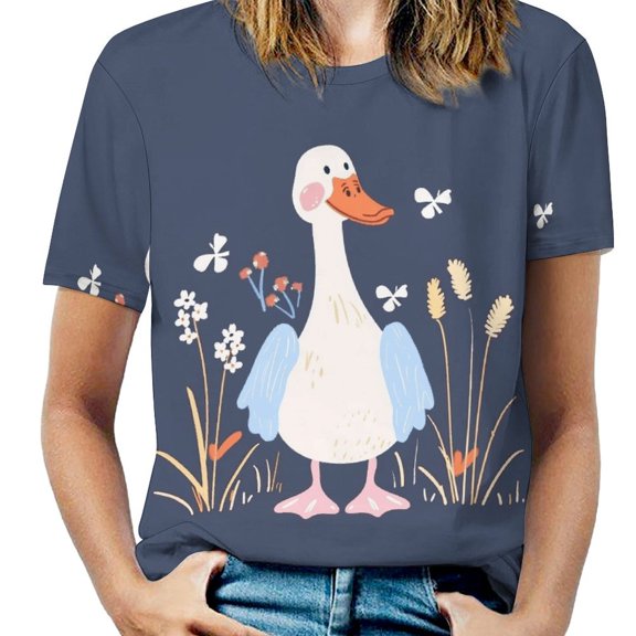 Duck Floral Meadow Women's Short Sleeve T-Shirt Crew Neck Casual Summer Trendy Loose Fit Tops