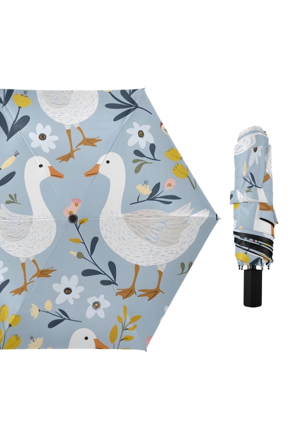 Duck Flower Leaves Cartoon All Weather Umbrella Triple Folding Parasol 6 Ribs UV Protection Portable