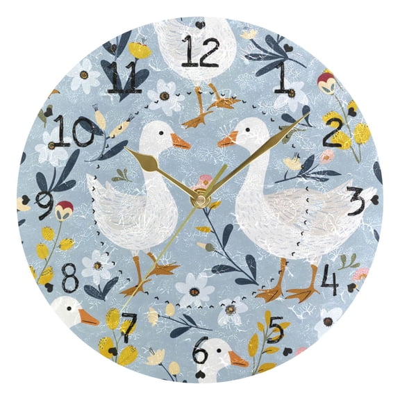 Duck Flower Leaves Cartoon Round Wall Clock Silent Analog Battery Operated Gold Pointer Home Decor 9.84" Diameter